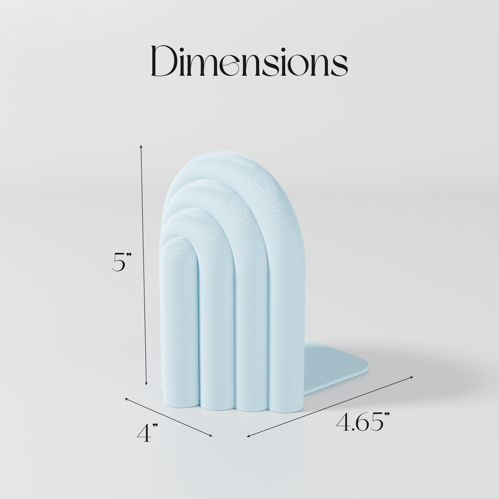 A light blue, curved bookend with a 5-inch height and a 4.65-inch width.
