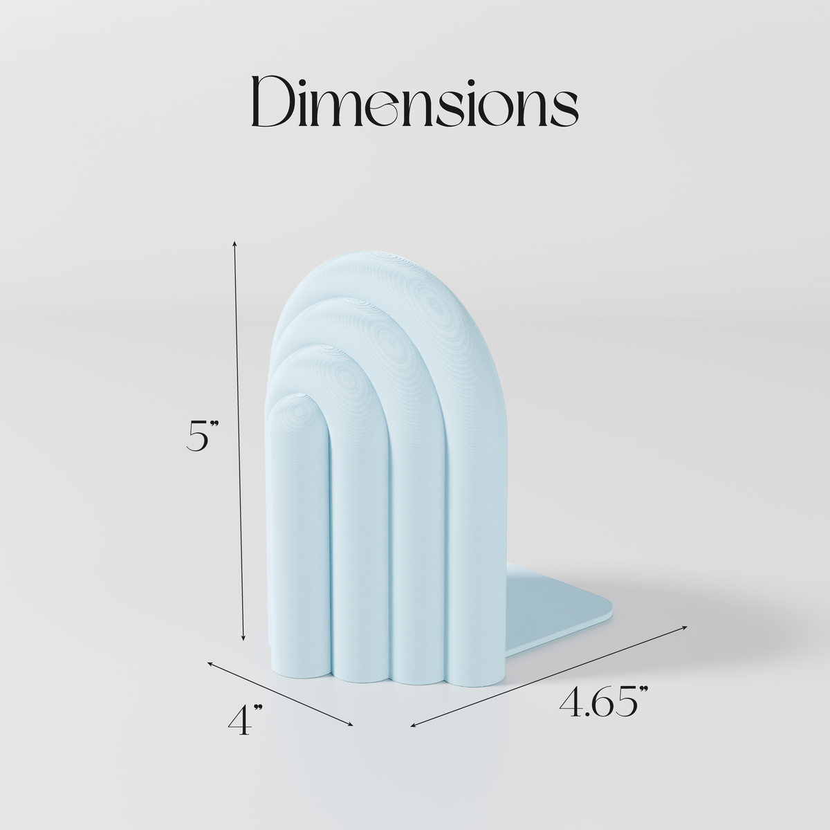 A light blue, curved bookend with a 5-inch height and a 4.65-inch width.