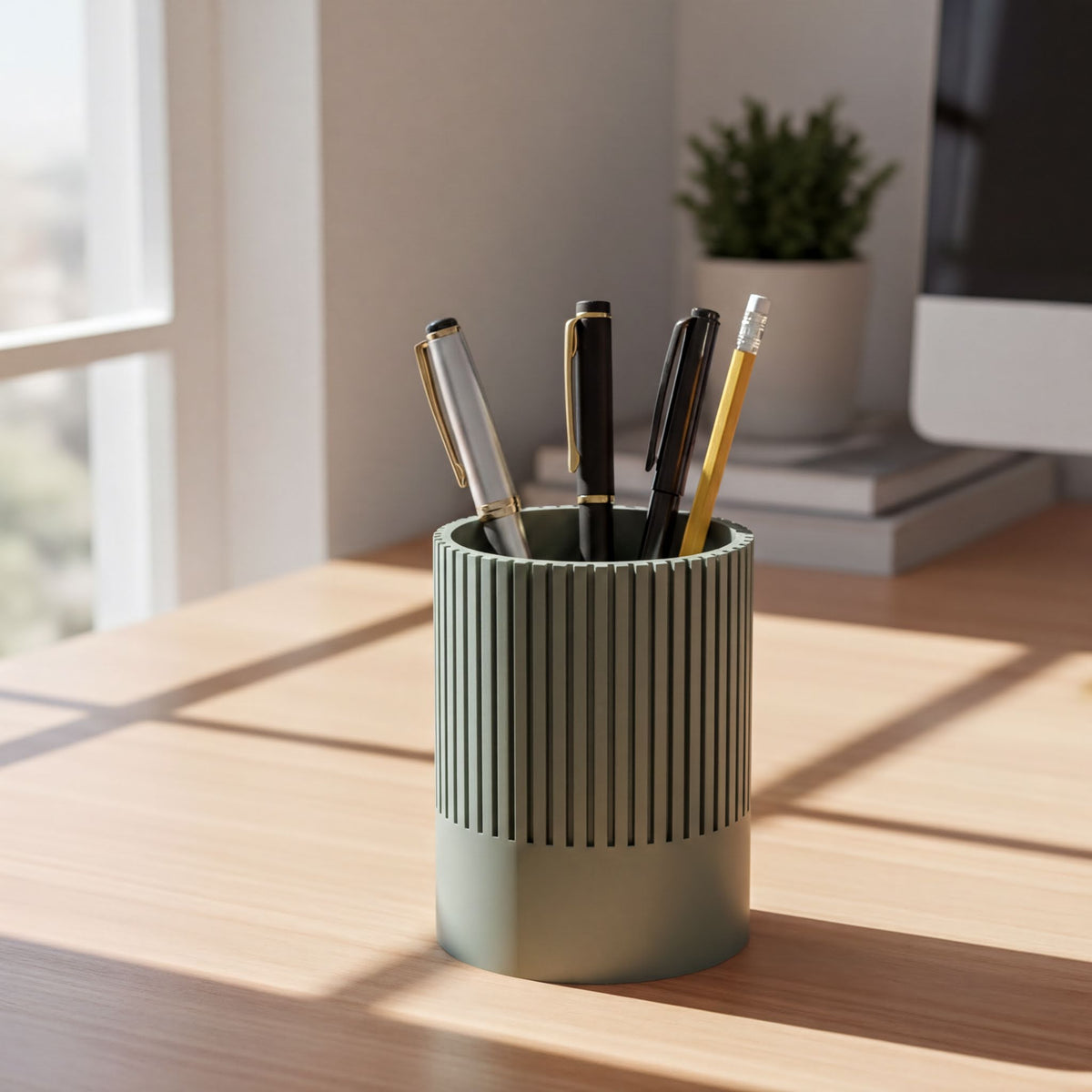A cylindrical container holding three pens and a pencil, placed on a wooden desk near a window.