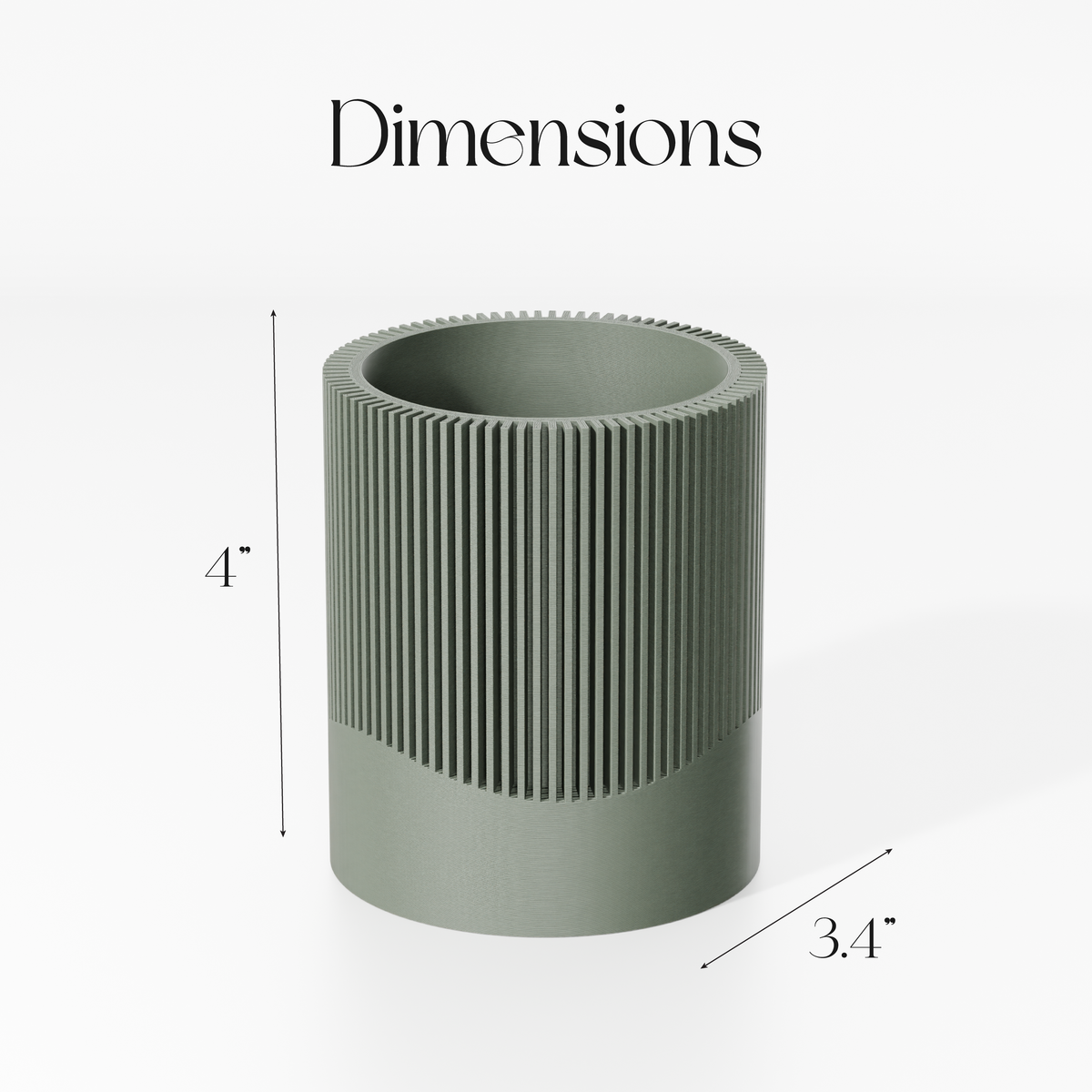 A cylindrical object with a textured surface, likely a container or planter, with dimensions provided in inches.