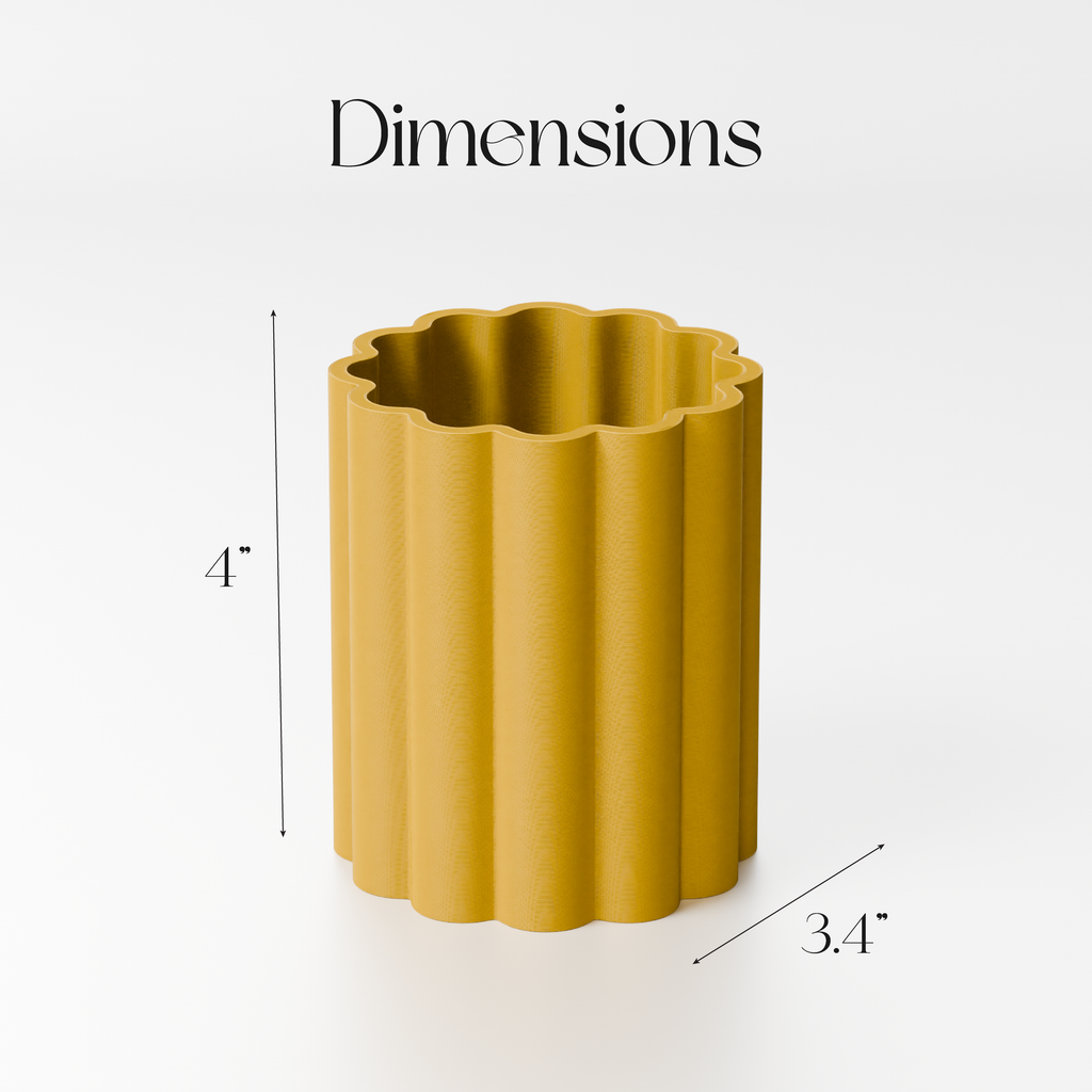 a yellow, cylindrical container with a scalloped edge, and it is described as having dimensions of 4 inches in height and 3.4 inches in width.