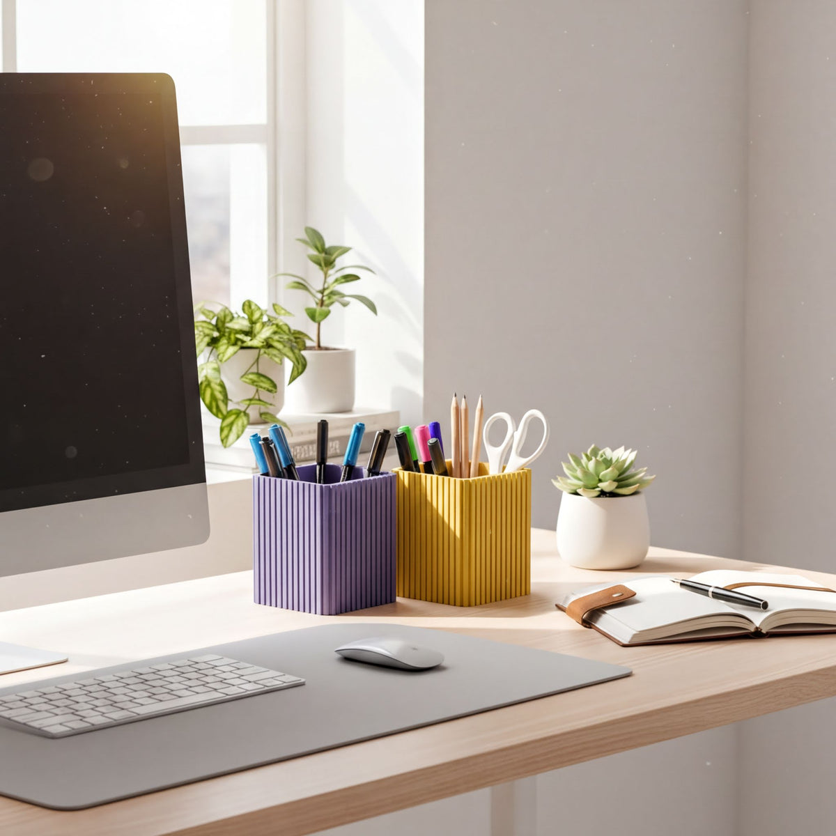 A well-organized workspace with a computer monitor, keyboard, mouse, and various office supplies such as pens, scissors, and a notebook. The desk is situated near a window, allowing natural light to illuminate the area.