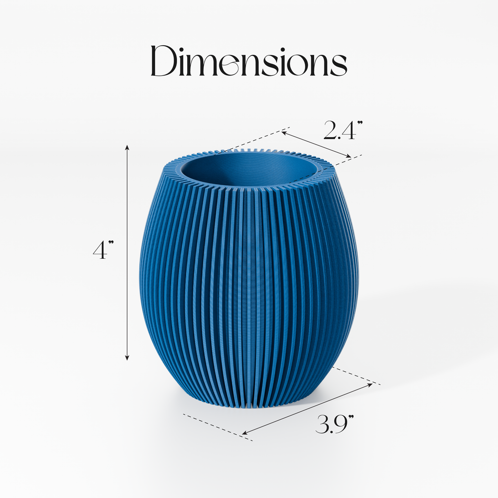 a blue vase with a cylindrical shape and a textured surface. The dimensions of the vase are provided in inches, with the height being 4 inches and the width being 3.9 inches.