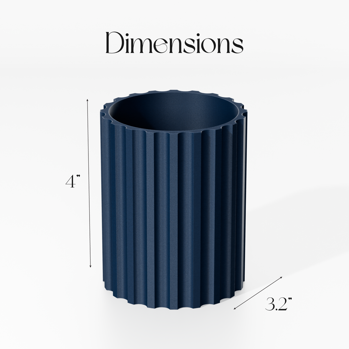 a blue cylindrical object with a textured surface, possibly a container or vase, and dimensions provided in inches.