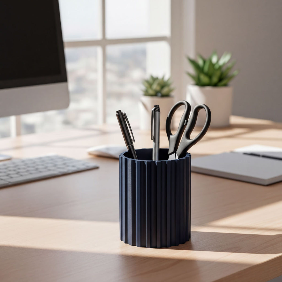 A blue cylindrical container holding pens and scissors sits on a wooden desk, with a computer monitor, keyboard, and potted plant in the background.