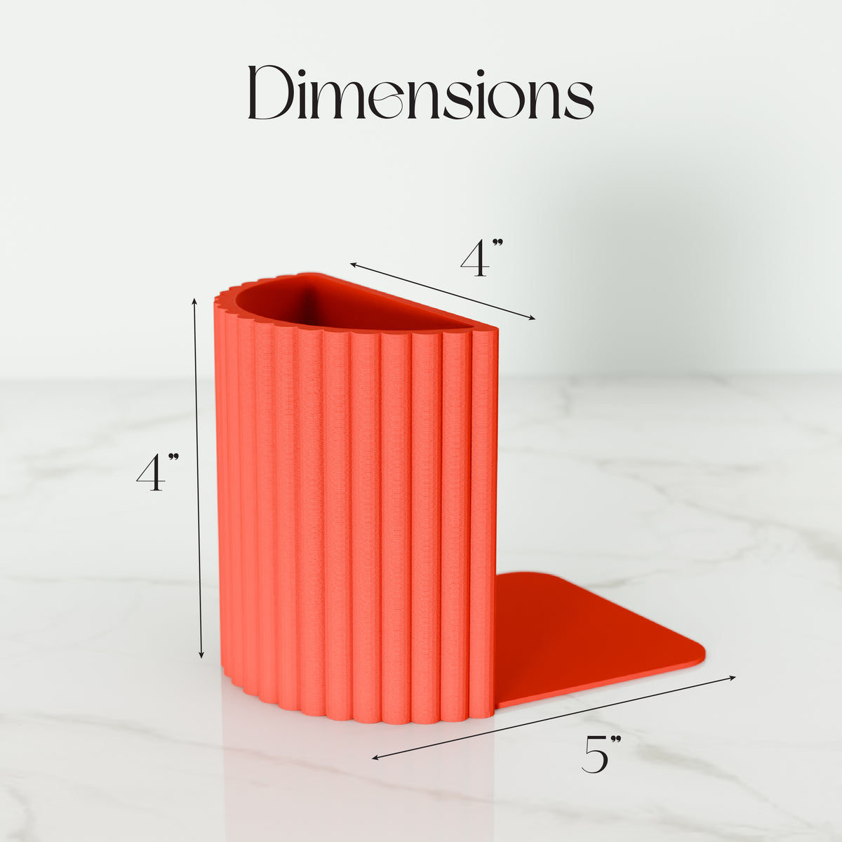 a bright red, curved object with dimensions provided in inches.
