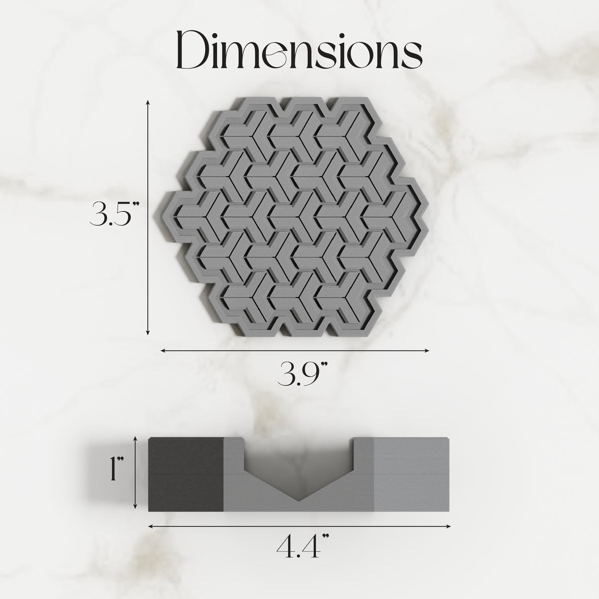 a 3.5-inch hexagonal coaster coaster with a 3.9-inch rectangular coaster base, both of which are gray in color. The image also includes dimensions of 1 inch and 4.4 inches.