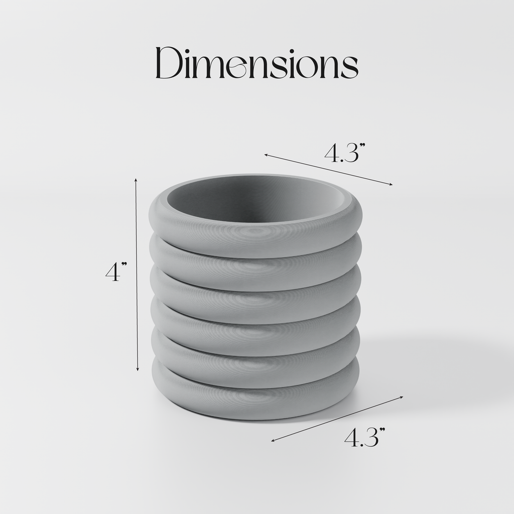 a stack of gray rings, with dimensions provided in inches.