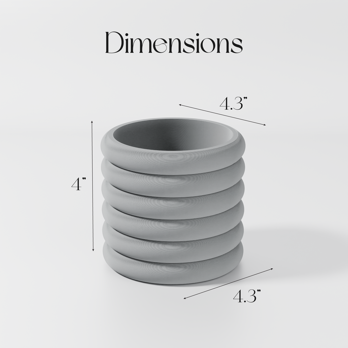 a stack of gray rings, with dimensions provided in inches.
