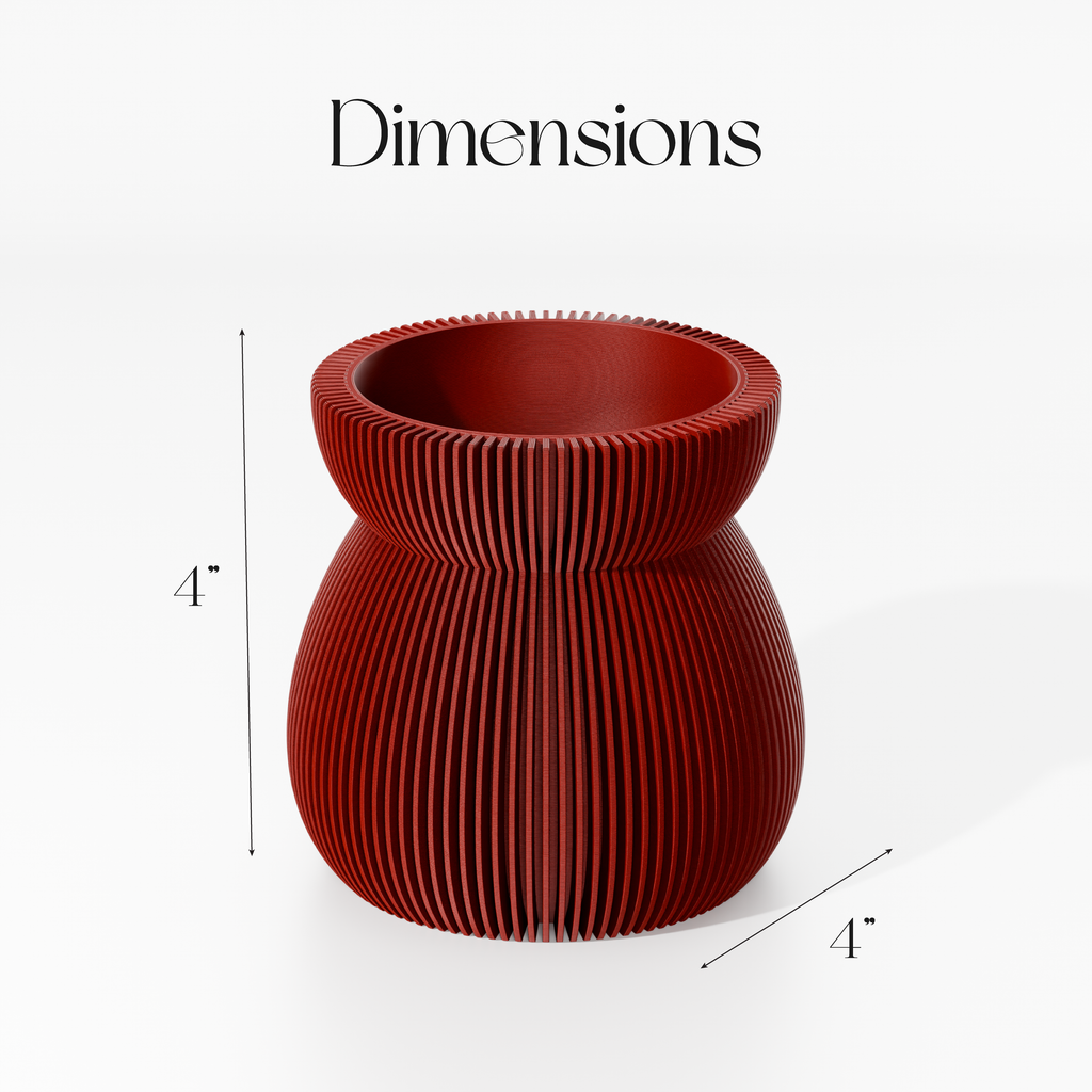 a red, cylindrical vase with a textured surface, and it is described as having dimensions of 4 inches in height and 4 inches in width.