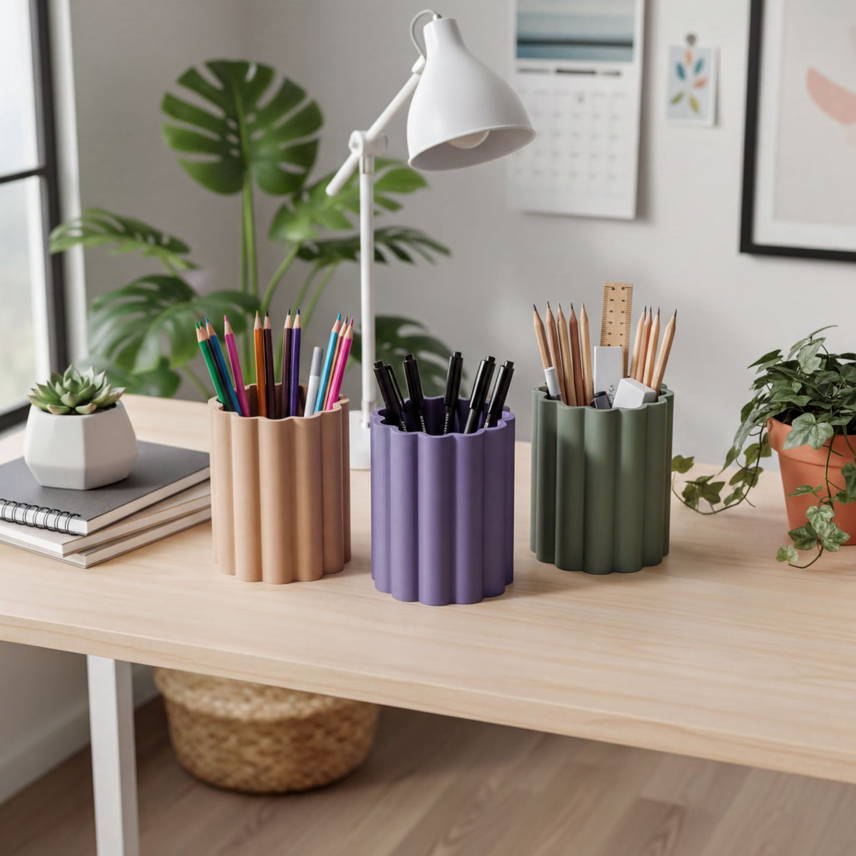 a wooden desk with three colorful pencil holders, each containing a variety of writing utensils. The desk is also adorned with a potted plant, a notebook, and a lamp, creating a cozy and organized workspace.
