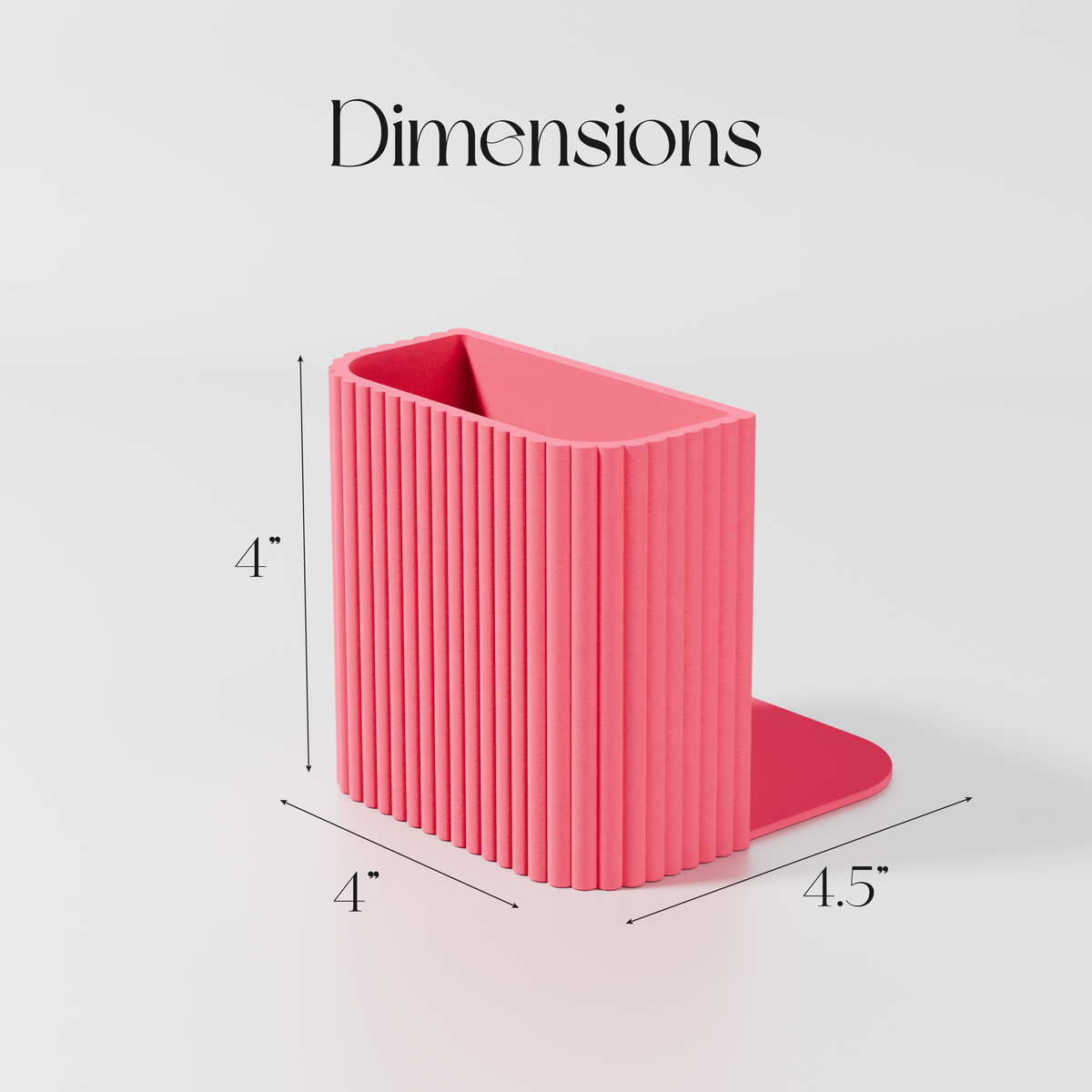 a pink, rectangular container with vertical lines, possibly a storage box or organizer, and dimensions provided in inches.