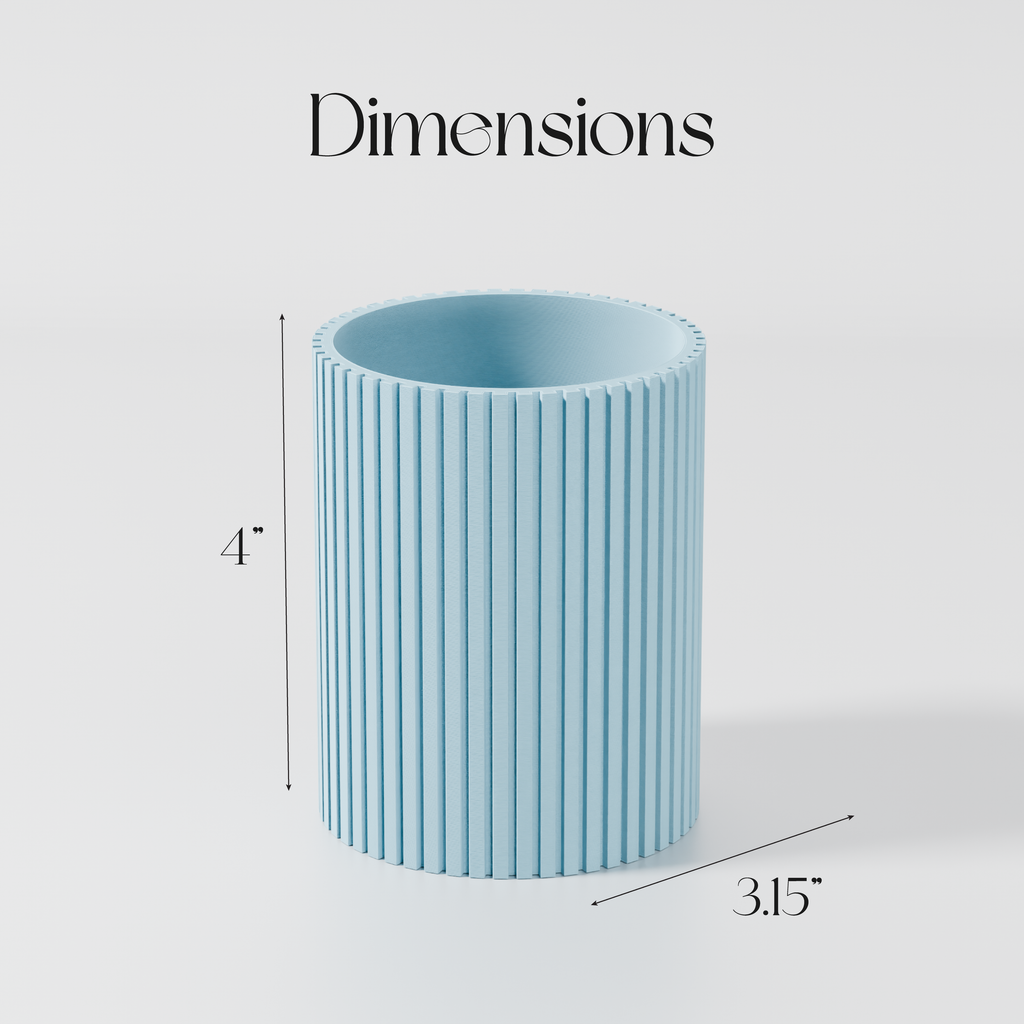 A blue cylindrical container with vertical lines, likely a vase or container, with dimensions provided.