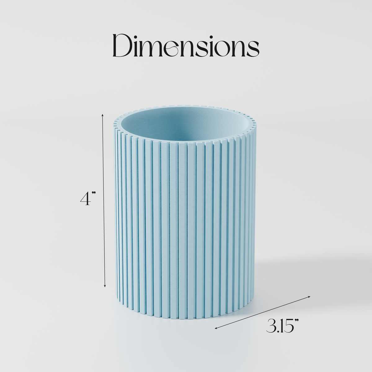 A blue cylindrical container with vertical lines, likely a vase or container, with dimensions provided.
