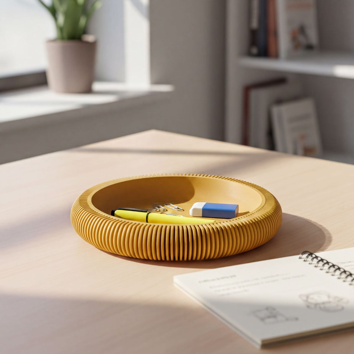 a wooden bowl with a yellow rim, containing a yellow pen, a blue eraser, and a small plant, placed on a wooden table next to a notebook.