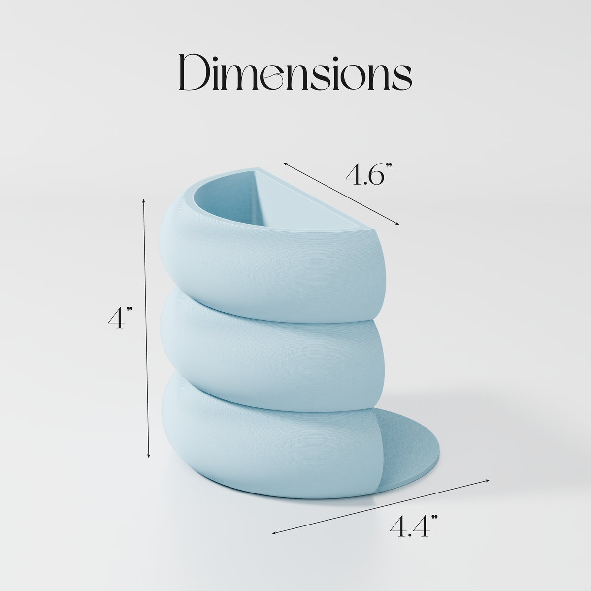 a light blue, three-dimensional object with a curved shape, possibly a vase or sculpture. The object is described as having dimensions of 4.6 inches in height and 4.4 inches in width.